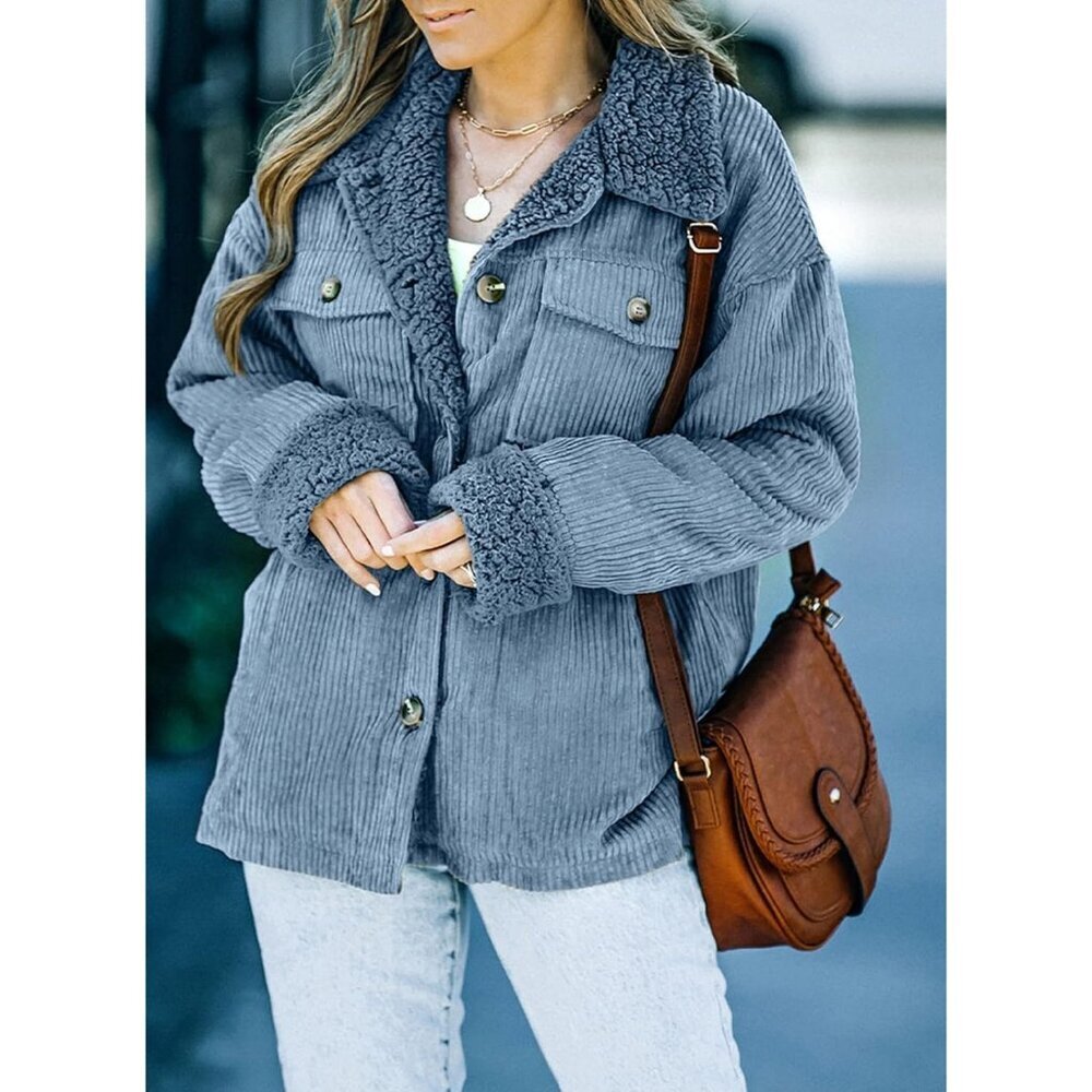 Women's A Sky Blue Jacket Vests Coat Fleece Fur Collar Button Down Winter Warm - Picture 3 of 5